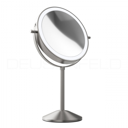 DEUSENFELD SL10EFA - Akku Batterie LED Doppel Stand Kosmetikspiegel, 10x Vergrößerung + Normalspiegel, Ø20cm, 360° horizontal schwenkbar, 3 einstellbare Lichtfarben, 10 Min. Timer, Dimmer, 1800mAh Lithium Akku, USB, Edelstahl Finish